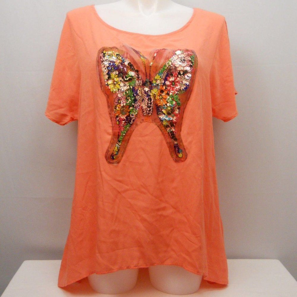SI AVANCE Tunic Top Orange Sequin Butterfly Kimono Sleeves Scoop Neck Size 3XL